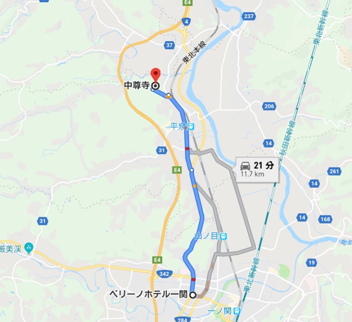 平泉中尊寺へのアクセスマップ